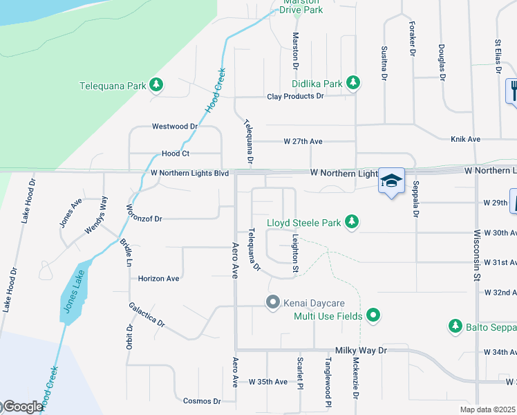 map of restaurants, bars, coffee shops, grocery stores, and more near 2913 Telequana Drive in Anchorage