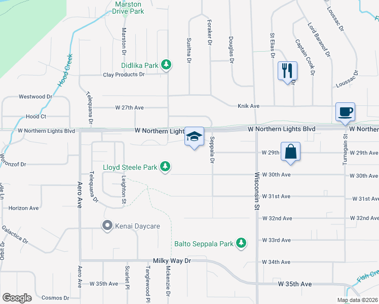 map of restaurants, bars, coffee shops, grocery stores, and more near 3500 West Northern Lights Boulevard in Anchorage