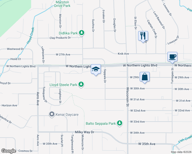 map of restaurants, bars, coffee shops, grocery stores, and more near 3500 West Northern Lights Boulevard in Anchorage