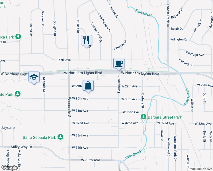 map of restaurants, bars, coffee shops, grocery stores, and more near 2808 West 29th Avenue in Anchorage