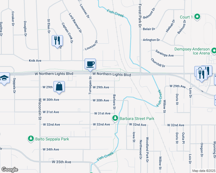 map of restaurants, bars, coffee shops, grocery stores, and more near 2900 Barbara Street in Anchorage