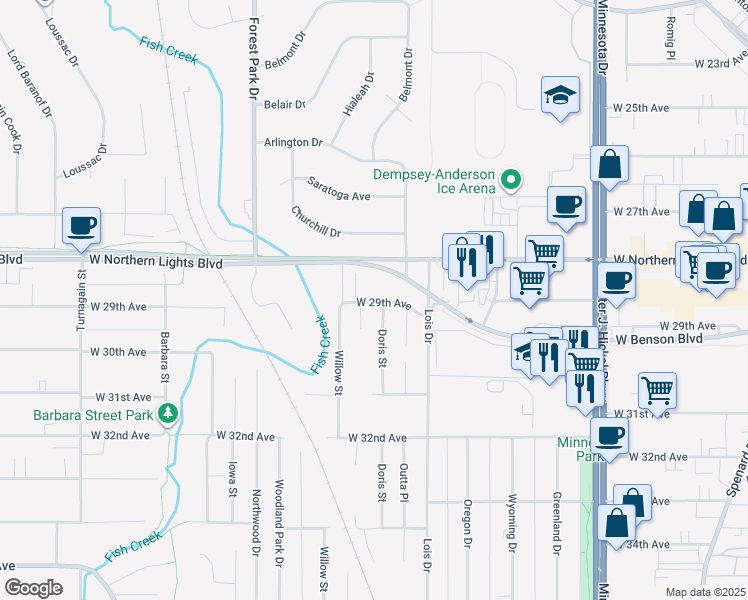 map of restaurants, bars, coffee shops, grocery stores, and more near 2907 Willow Street in Anchorage