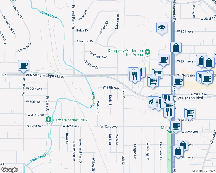 map of restaurants, bars, coffee shops, grocery stores, and more near 2907 Willow Street in Anchorage