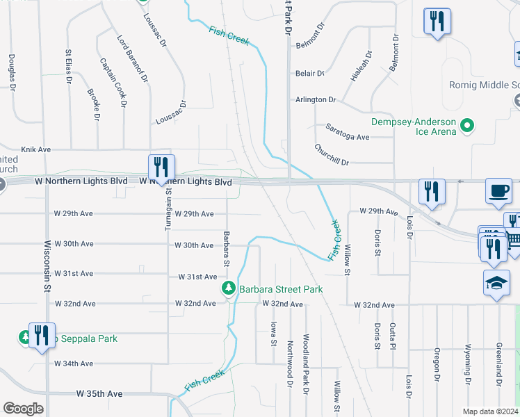 map of restaurants, bars, coffee shops, grocery stores, and more near 2410 West 29th Avenue in Anchorage