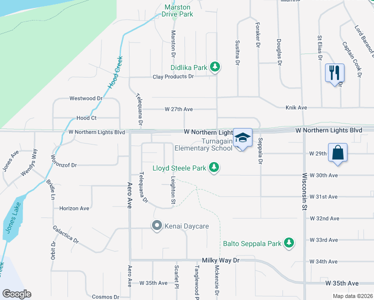 map of restaurants, bars, coffee shops, grocery stores, and more near 2904 Leighton Street in Anchorage