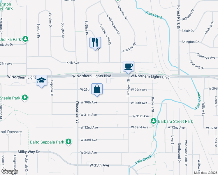 map of restaurants, bars, coffee shops, grocery stores, and more near 2904 West 29th Avenue in Anchorage