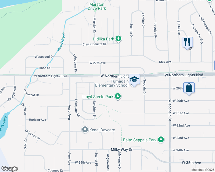 map of restaurants, bars, coffee shops, grocery stores, and more near 3624 Carleton Avenue in Anchorage