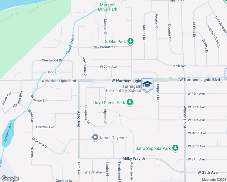 map of restaurants, bars, coffee shops, grocery stores, and more near 2904 Leighton Street in Anchorage