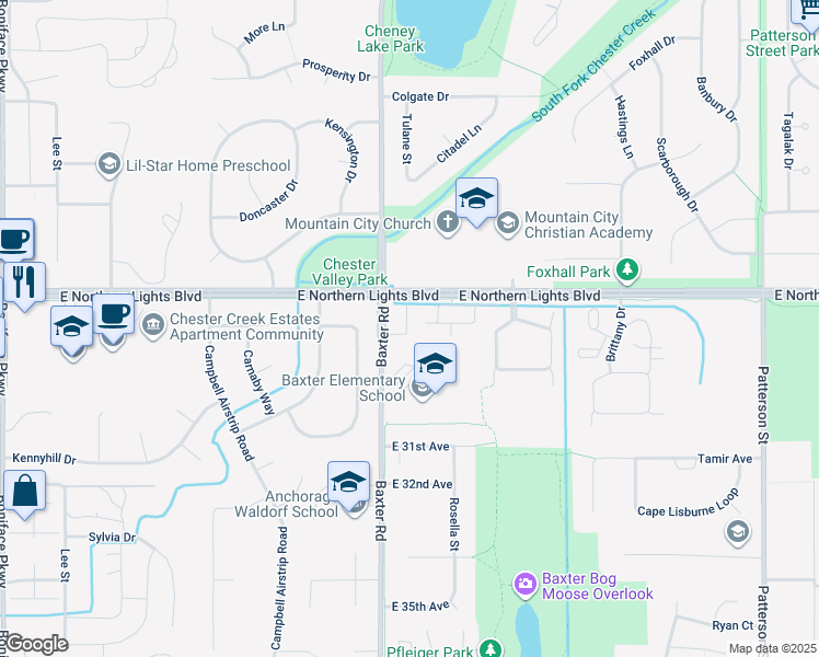 map of restaurants, bars, coffee shops, grocery stores, and more near 2945 Donington Drive in Anchorage