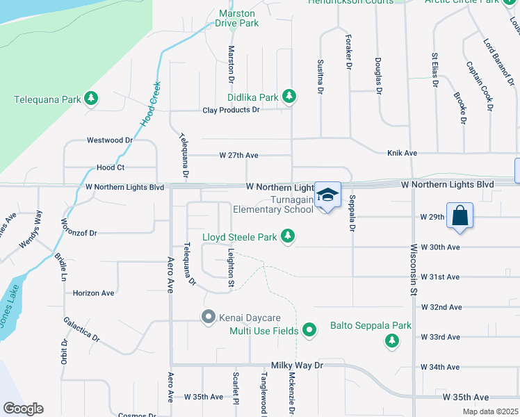 map of restaurants, bars, coffee shops, grocery stores, and more near 3624 Carleton Avenue in Anchorage