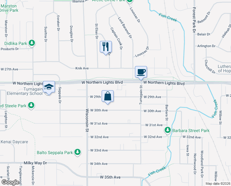 map of restaurants, bars, coffee shops, grocery stores, and more near 2904 West 29th Avenue in Anchorage