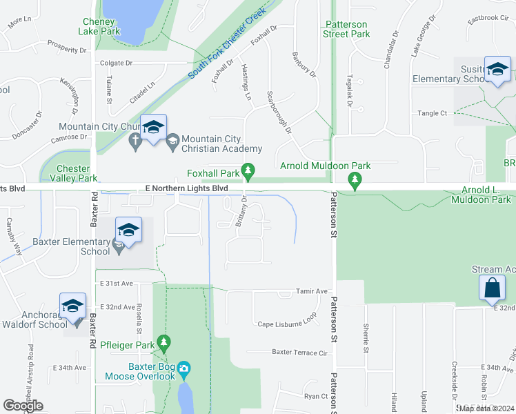 map of restaurants, bars, coffee shops, grocery stores, and more near 6831 Brittany Rock Way in Anchorage