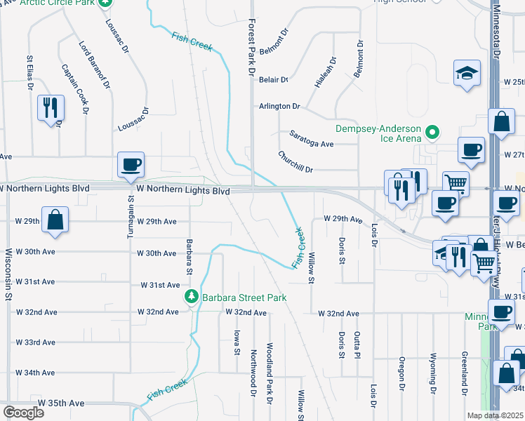 map of restaurants, bars, coffee shops, grocery stores, and more near 2920 Captain Cook Estates Circle in Anchorage