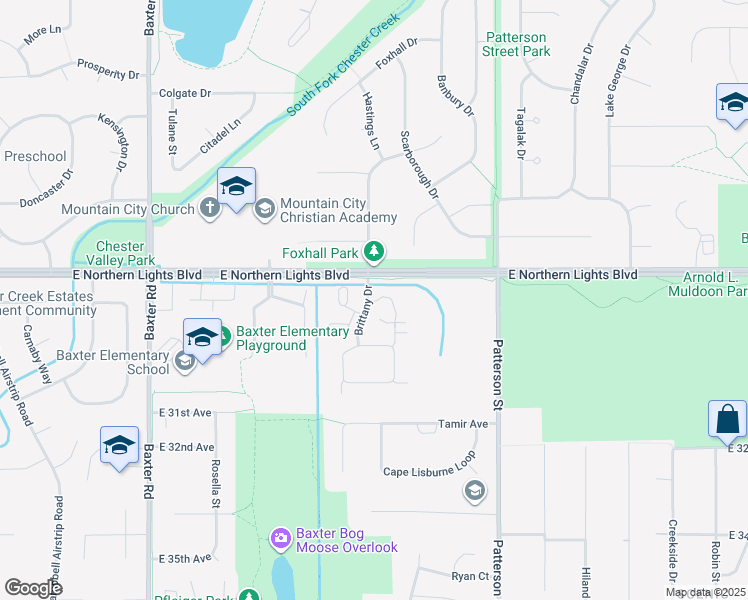 map of restaurants, bars, coffee shops, grocery stores, and more near 3076 Brittany Place in Anchorage