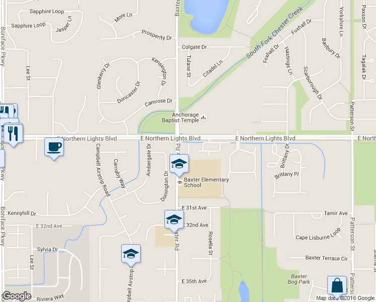 map of restaurants, bars, coffee shops, grocery stores, and more near 2945 Donington Drive in Anchorage