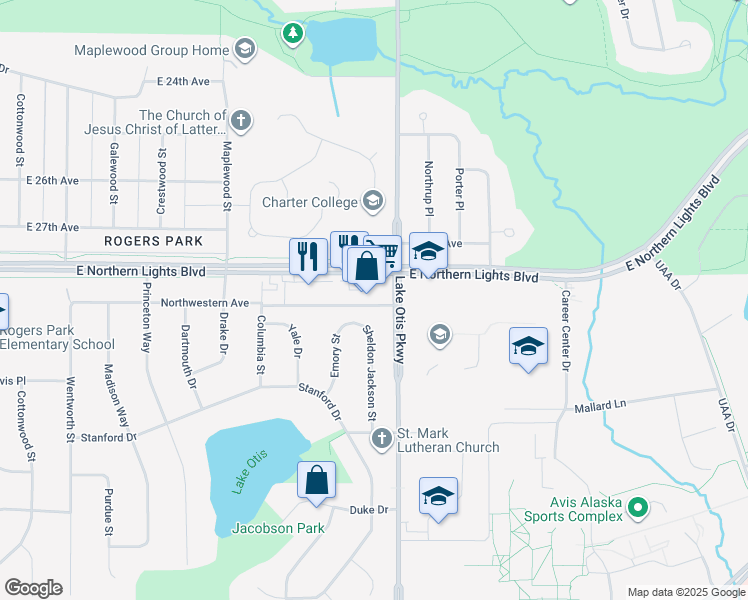 map of restaurants, bars, coffee shops, grocery stores, and more near 2220 East Northern Lights Boulevard in Anchorage