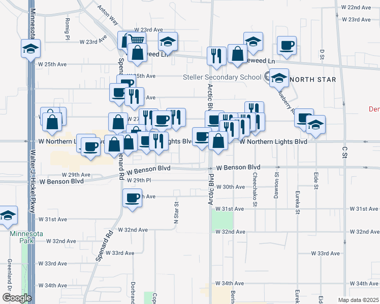 map of restaurants, bars, coffee shops, grocery stores, and more near 903 West Northern Lights Boulevard in Anchorage