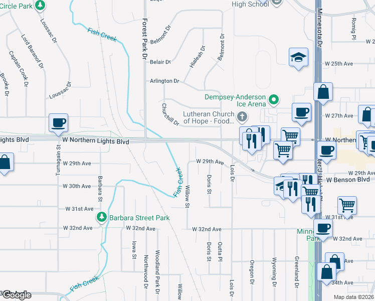 map of restaurants, bars, coffee shops, grocery stores, and more near 2112 Churchill Drive in Anchorage
