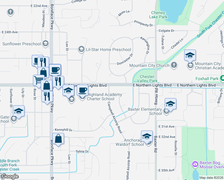 map of restaurants, bars, coffee shops, grocery stores, and more near 5916 Camrose Dr in Anchorage
