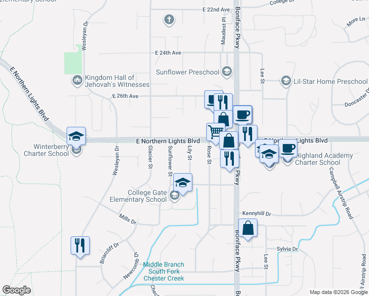 map of restaurants, bars, coffee shops, grocery stores, and more near 5201 East Northern Lights Boulevard in Anchorage