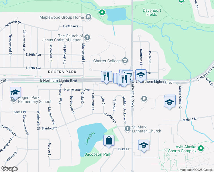 map of restaurants, bars, coffee shops, grocery stores, and more near 2052 East Northern Lights Boulevard in Anchorage