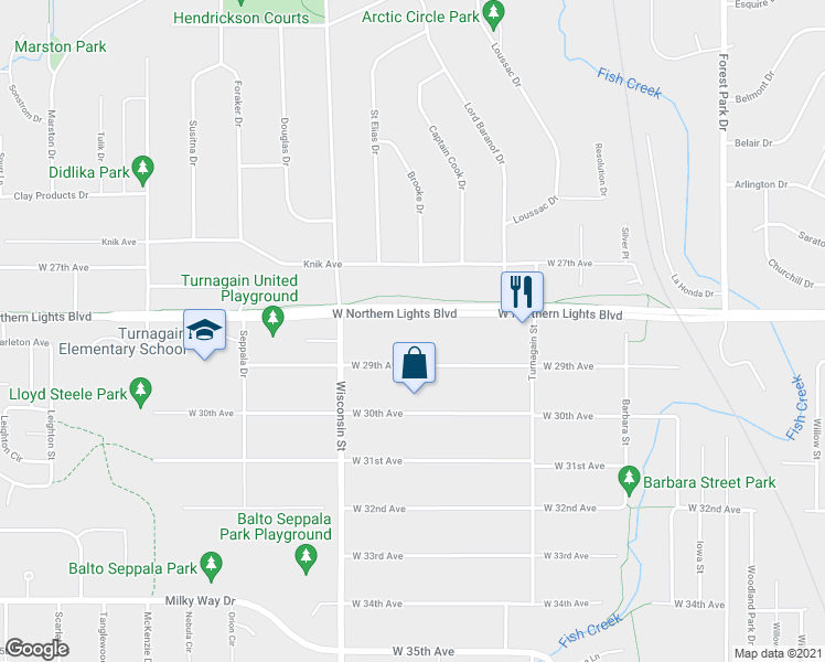 map of restaurants, bars, coffee shops, grocery stores, and more near 3004 West Northern Lights Boulevard in Anchorage
