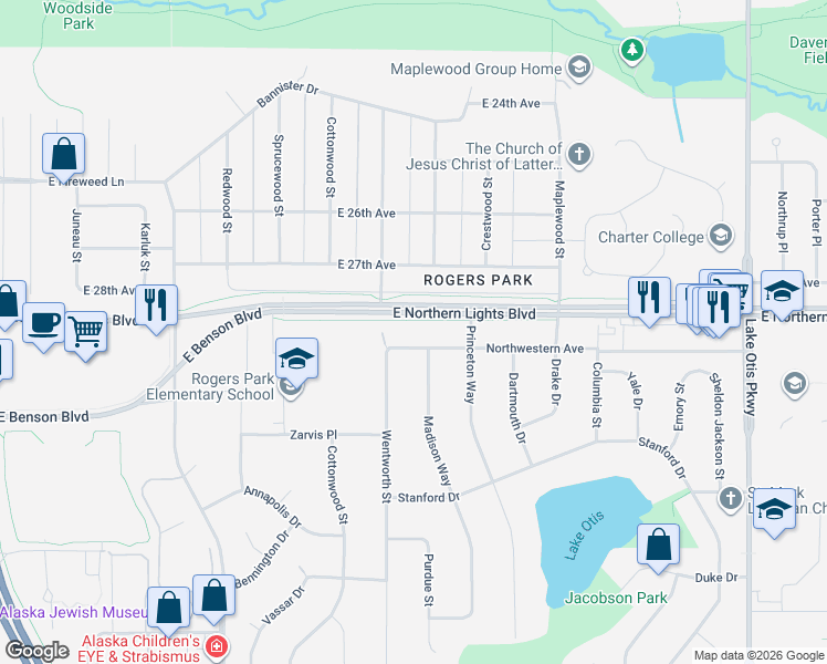 map of restaurants, bars, coffee shops, grocery stores, and more near 1615 Northwestern Avenue in Anchorage