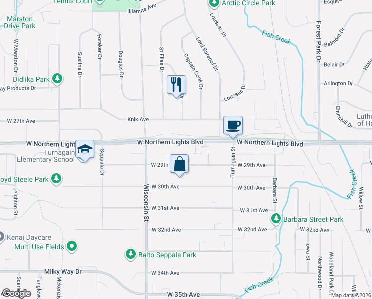 map of restaurants, bars, coffee shops, grocery stores, and more near 3004 West Northern Lights Boulevard in Anchorage