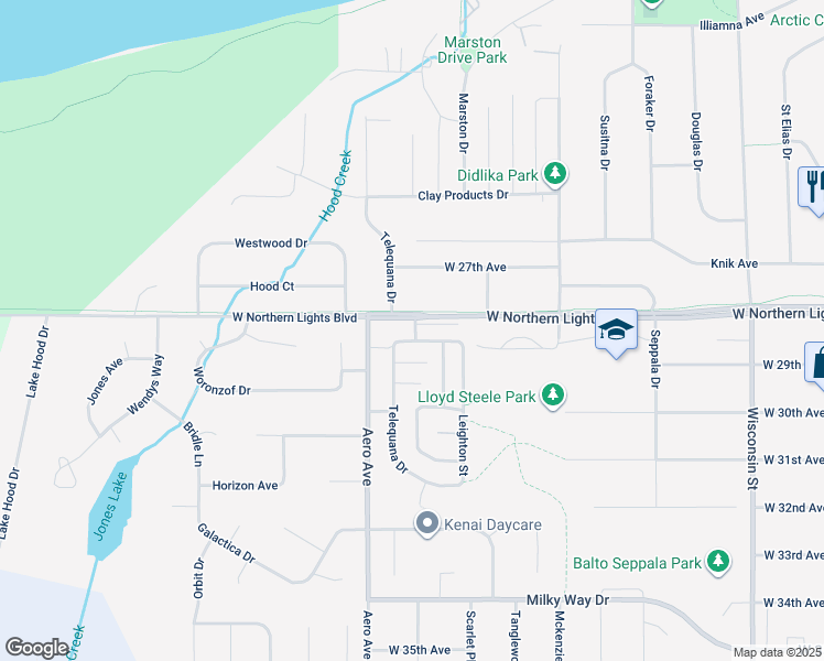 map of restaurants, bars, coffee shops, grocery stores, and more near 2733 Telequana Drive in Anchorage