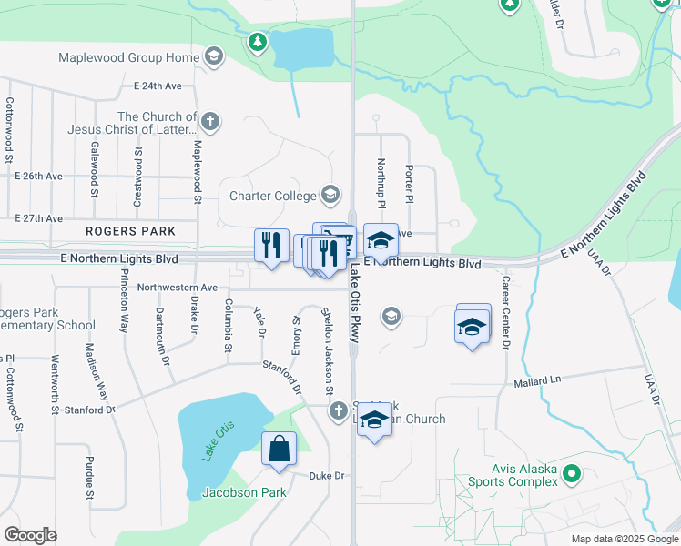 map of restaurants, bars, coffee shops, grocery stores, and more near 2220 East Northern Lights Boulevard in Anchorage