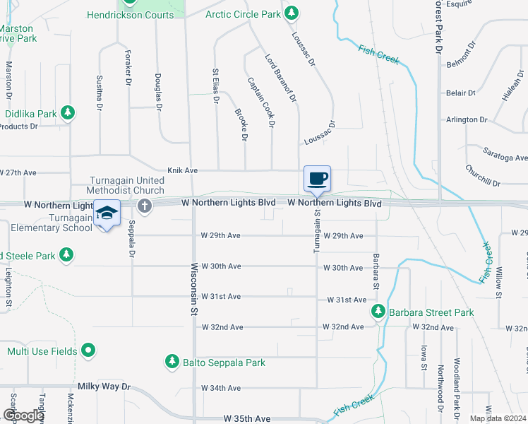 map of restaurants, bars, coffee shops, grocery stores, and more near 2906 West Northern Lights Boulevard in Anchorage