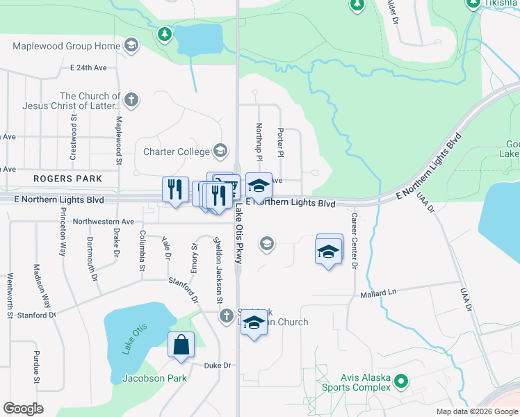 map of restaurants, bars, coffee shops, grocery stores, and more near 2905 Lake Otis Parkway in Anchorage