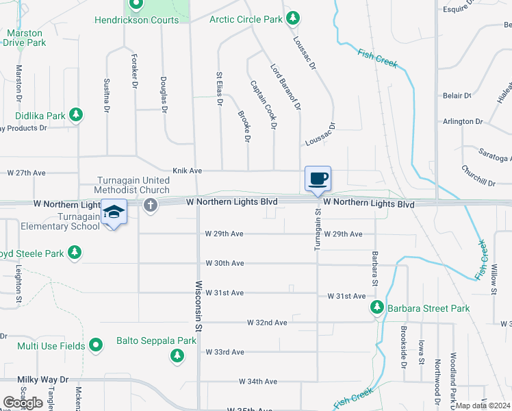 map of restaurants, bars, coffee shops, grocery stores, and more near 2906 West Northern Lights Boulevard in Anchorage