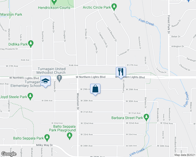 map of restaurants, bars, coffee shops, grocery stores, and more near 3004 West Northern Lights Boulevard in Anchorage