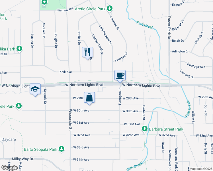 map of restaurants, bars, coffee shops, grocery stores, and more near 2718 Lord Baranof Drive in Anchorage