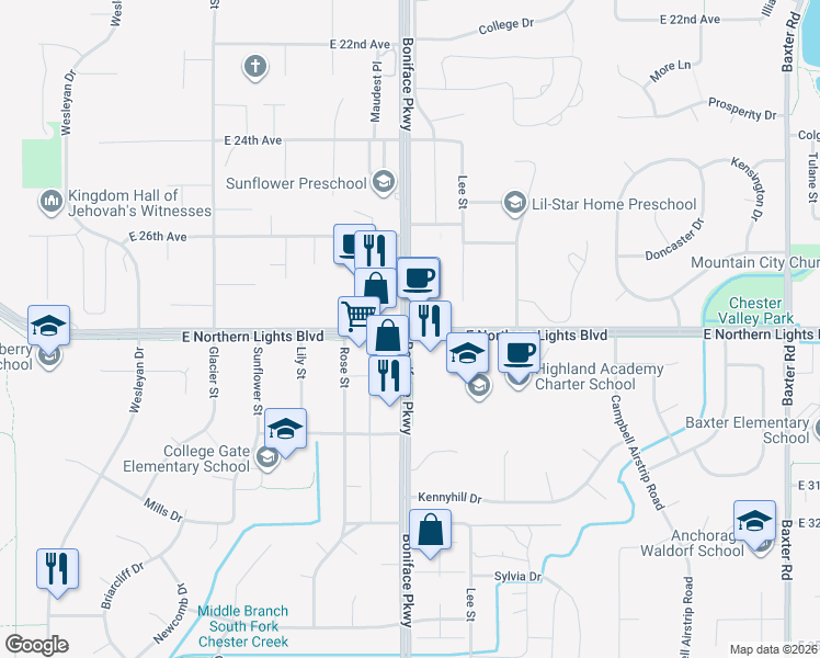 map of restaurants, bars, coffee shops, grocery stores, and more near 5503 East Northern Lights Boulevard in Anchorage