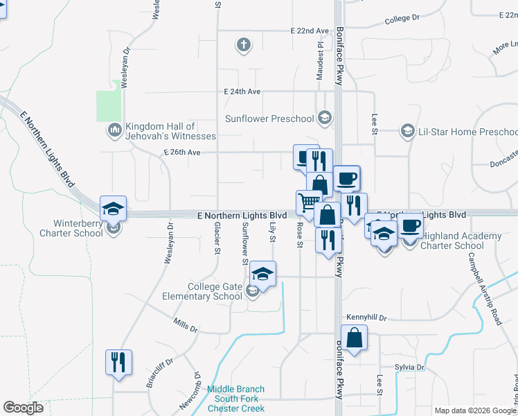 map of restaurants, bars, coffee shops, grocery stores, and more near 5143 East Northern Lights Boulevard in Anchorage