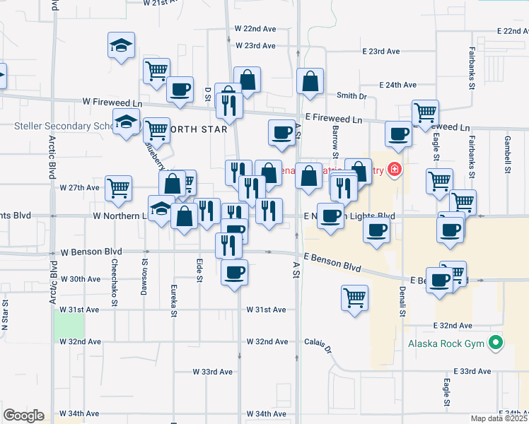 map of restaurants, bars, coffee shops, grocery stores, and more near 2700 A Street in Anchorage