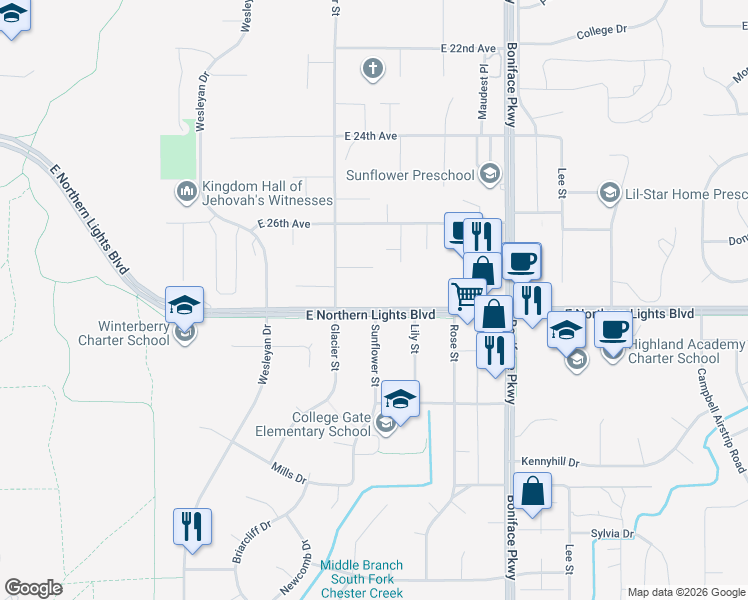 map of restaurants, bars, coffee shops, grocery stores, and more near 5143 East Northern Lights Boulevard in Anchorage