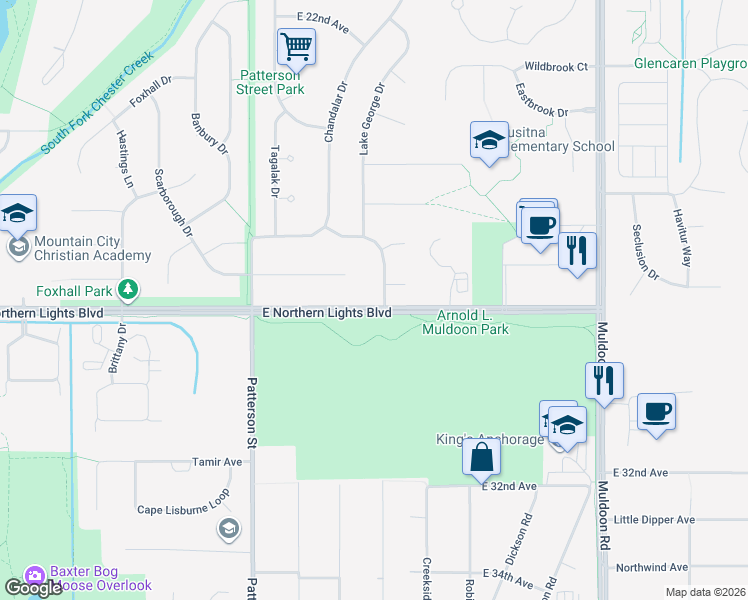 map of restaurants, bars, coffee shops, grocery stores, and more near 7450 Augustine Drive in Anchorage
