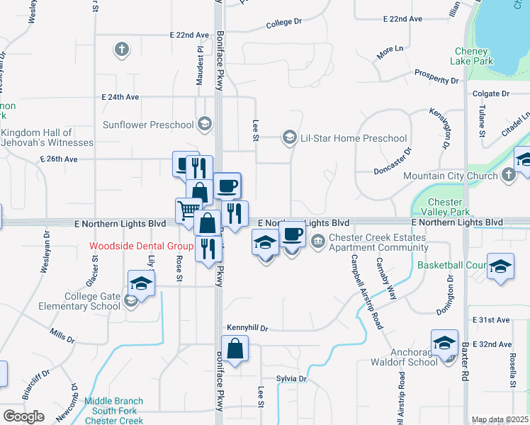 map of restaurants, bars, coffee shops, grocery stores, and more near 2726 Collie Hill Way in Anchorage