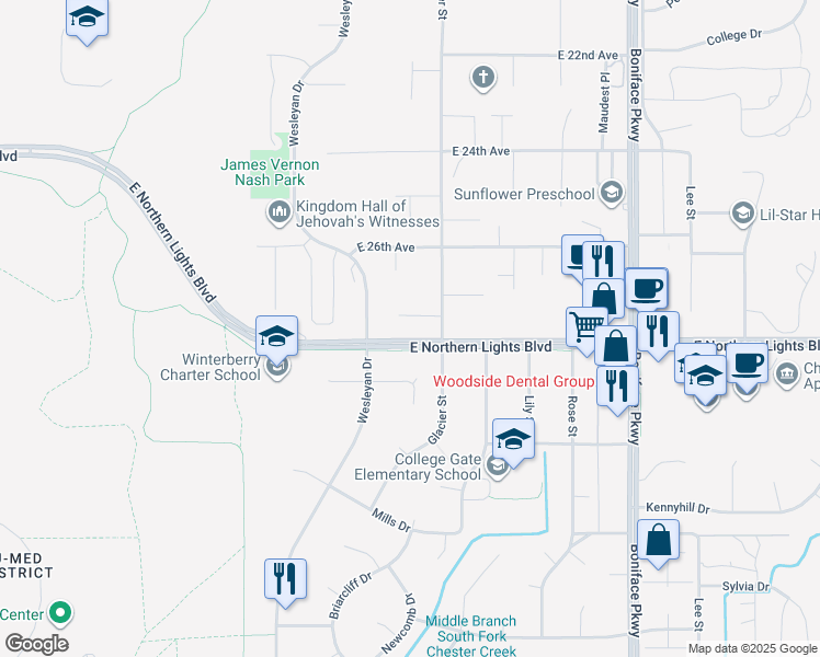map of restaurants, bars, coffee shops, grocery stores, and more near 5023 East Northern Lights Boulevard in Anchorage