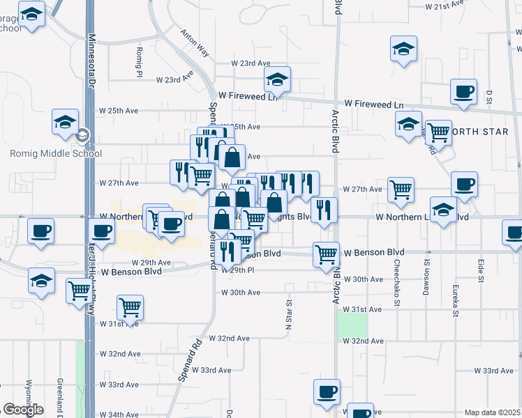 map of restaurants, bars, coffee shops, grocery stores, and more near 1035 West Northern Lights Boulevard in Anchorage