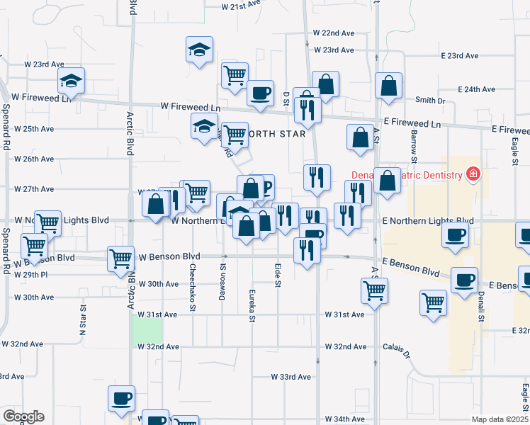 map of restaurants, bars, coffee shops, grocery stores, and more near 405 West Northern Lights Boulevard in Anchorage