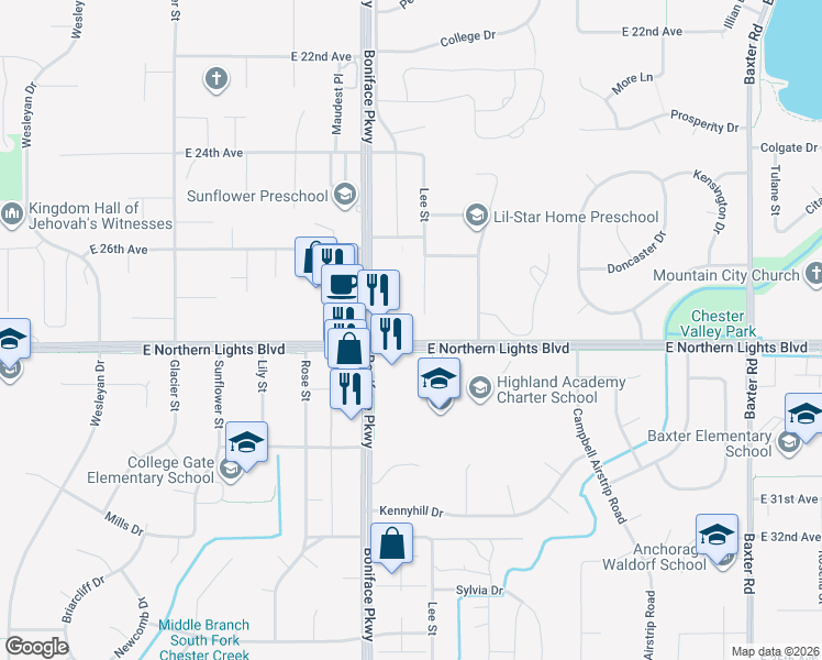 map of restaurants, bars, coffee shops, grocery stores, and more near 2730 Lee Street in Anchorage