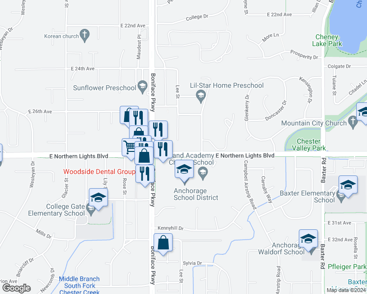 map of restaurants, bars, coffee shops, grocery stores, and more near 2731 Lee Street in Anchorage