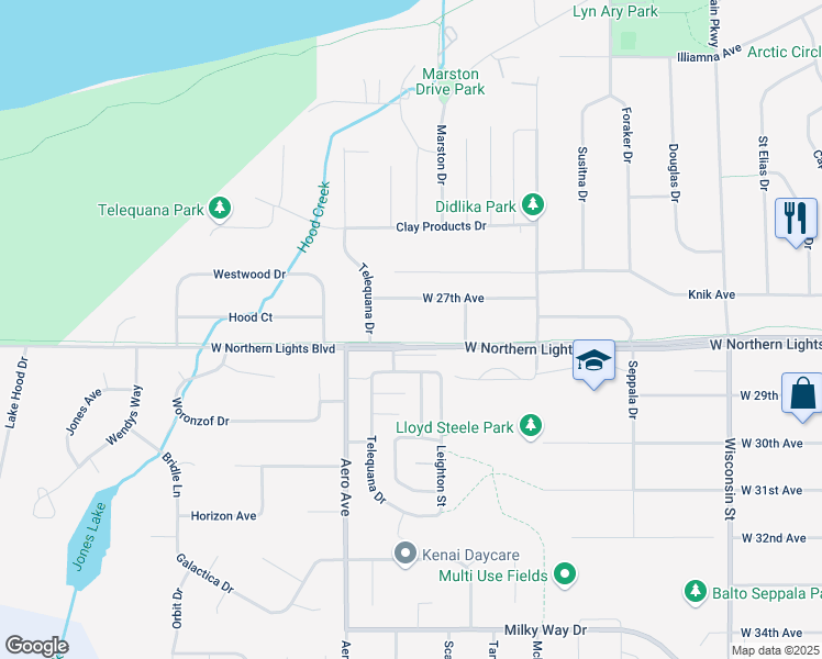 map of restaurants, bars, coffee shops, grocery stores, and more near 3729 West Northern Lights Boulevard in Anchorage