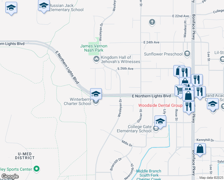 map of restaurants, bars, coffee shops, grocery stores, and more near in Anchorage