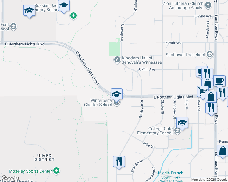 map of restaurants, bars, coffee shops, grocery stores, and more near 2730 Easthaven Circle in Anchorage