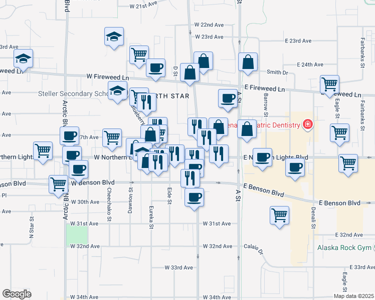 map of restaurants, bars, coffee shops, grocery stores, and more near 301 West Northern Lights Boulevard in Anchorage